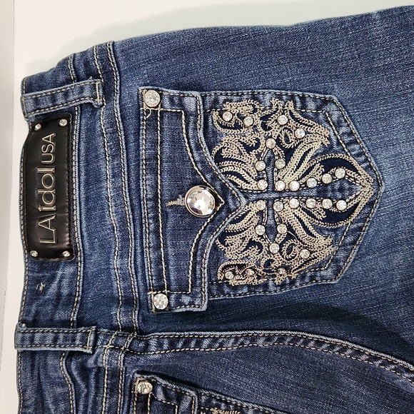 L.A. Idol Boot Cut Rhinestone Distressed Skinny Long Tall Jeans (Size 9 - 31x34) - Picture 9 of 15